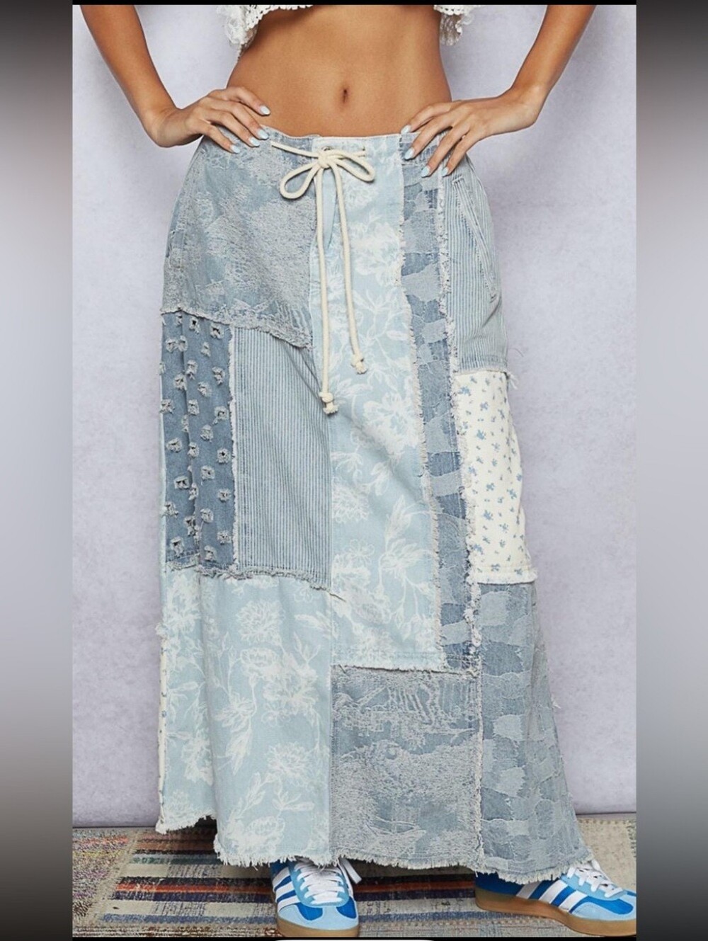 POL “Indigo Patches Maxi” Long Maxi Denim Light Blue Patchwork Skirt - Women S - Picture 13 of 13
